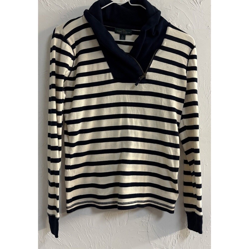 Lauren Jeans Co. Ralph Lauren Women’s Sweater S Blue/White Striped Mock 1/2 Zip